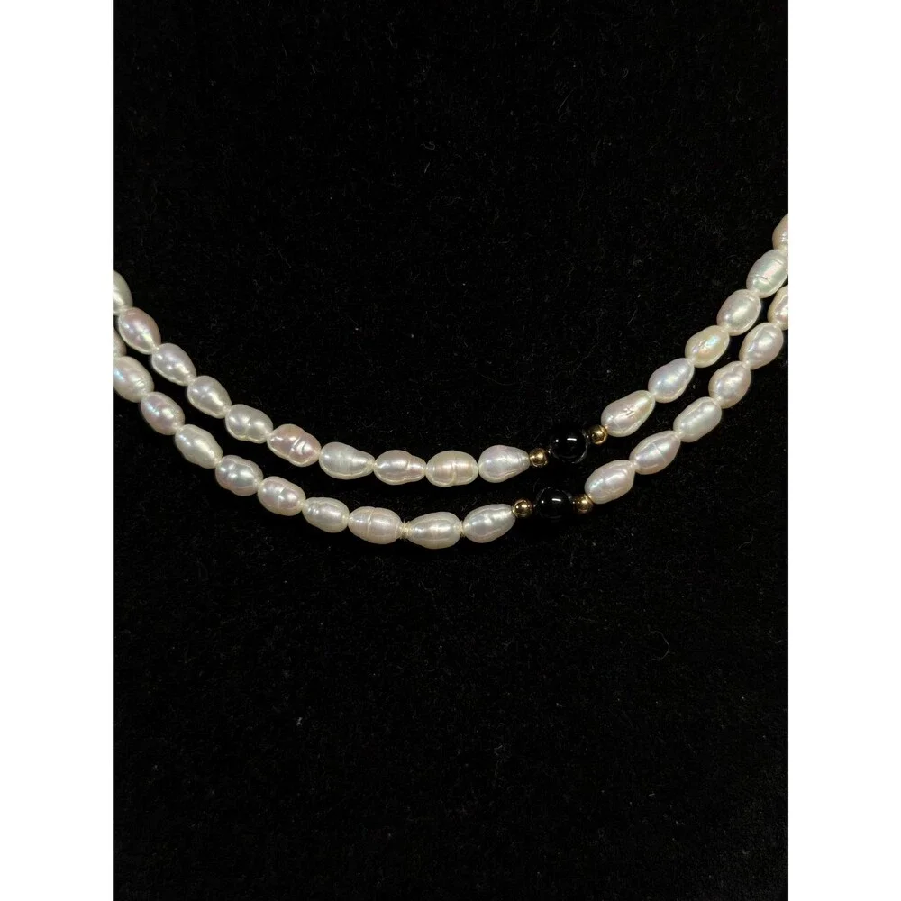 14K Gold Freshwater Pearl Onyx Endless Necklace 33 Inch 28.5g